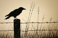 A dramatic shot of a black raven perched on a spooky fencepost