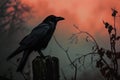 A dramatic shot of a black raven perched on a spooky fencepost