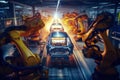 Dramatic shot of a car factory floor, workers and robots welding and assembling cars in warm lighting