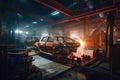 Dramatic shot of a car factory floor, workers and robots welding and assembling cars in warm lighting Royalty Free Stock Photo