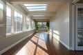 dramatic shot of an empty hallway ending with a giant window