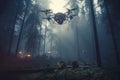 Killer drone cluster flying in forest