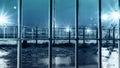 Dramatic Shot Of High Security Prison Facility Yard From Inside Iron Bars During Rain Storm At Night