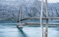 Dramatic sideview photo of Helgelandsbrua norwegian or Helgeland Bridge is Norway`s finest bridges between Alstahaug and