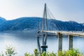 Dramatic sideview photo of Helgelandsbrua norwegian or Helgeland Bridge is Norway`s finest bridges between Alstahaug and