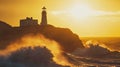 Dramatic silhouette of an Arctic lighthouse against crashing waves at sunset Royalty Free Stock Photo