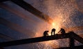 Construction Workers Welding Steel Beams at Night Royalty Free Stock Photo