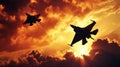Dramatic silhouette of fighter jets soaring through vibrant sunset clouds in powerful display Royalty Free Stock Photo