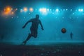 Dramatic silhouette of a footballer heading the ball under stadium floodlights, showcasing athleticism