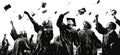 Dramatic Silhouette of Graduates Celebrating with Hats Tossed High in Monochromatic Animation AI Generated