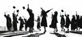 Dramatic Silhouette of Graduates Celebrating with Hats Tossed High in Monochromatic Animation AI Generated