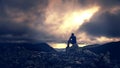 Dramatic Silhouette Of Man Sitting On Mountain Ridge Over Looking Stormy Skies