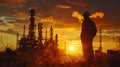Dramatic silhouette of oilfield worker, industry setting, clear view Royalty Free Stock Photo