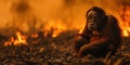 dramatic silhouette of orangutan amidst smoky, burned landscape Royalty Free Stock Photo
