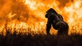 dramatic silhouette of silverback gorilla against fiery backdrop Royalty Free Stock Photo