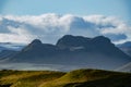 Dramatic silhouette of volcanic mountains under a cloudy blue sky in Iceland. Concept of geological power, timeless Royalty Free Stock Photo