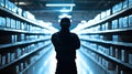 Dramatic silhouette of worker standing in front of empty shelves with arms crossed backlit by cold fluorescent lights in Royalty Free Stock Photo