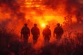 Dramatic silhouettes of soldiers on a mission against the backdrop of a setting sun