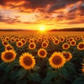 Dramatic skies over sunflower field at sunset, worlds natural beauty