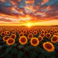 Dramatic skies over sunflower field at sunset, worlds natural beauty