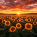 Dramatic skies over sunflower field at sunset, worlds natural beauty