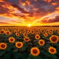 Dramatic skies over sunflower field at sunset, worlds natural beauty