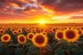 Dramatic skies over sunflower field at sunset, worlds natural beauty