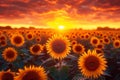 Dramatic skies over sunflower field at sunset, worlds natural beauty