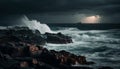 Dramatic sky, breaking surf, rough cliff edge generated by AI