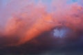 Dramatic sky with bright red and dark blue stormy clouds. Nature background. Soft focus Royalty Free Stock Photo