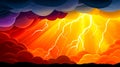 Dramatic sky with bright yellow lightning strikes illuminating orange and red storm clouds Royalty Free Stock Photo