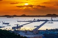 Dramatic Sky burst over Sriracha harbor port Chonburi Thailand, long exposure technic Royalty Free Stock Photo