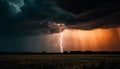 Dramatic sky, dark horizon, flash of electricity, danger in nature generated by AI