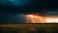 Dramatic sky, dark landscape, storm cloud, electricity, danger, thunderstorm generated by AI