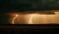 Dramatic sky electrifies rural scene with forked lightning and thunderstorm generated by AI