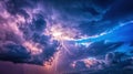 A dramatic sky filled with dark and light clouds, with a bright lightening bolt striking in the center. Royalty Free Stock Photo