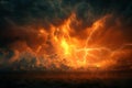 A dramatic sky with lightning and dark clouds, orange lighting, thunderstorm, lightnings, orange and black background, closeu Royalty Free Stock Photo