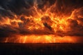 A dramatic sky with lightning and dark clouds, orange lighting, thunderstorm, lightnings, orange and black background, closeu Royalty Free Stock Photo