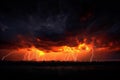 A dramatic sky with lightning and dark clouds, orange lighting, thunderstorm, lightnings, orange and black background, closeu Royalty Free Stock Photo