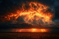 A dramatic sky with lightning and dark clouds, orange lighting, thunderstorm, lightnings, orange and black background, closeu Royalty Free Stock Photo