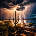 Dramatic sky with lightning over the lake and cacti Royalty Free Stock Photo