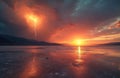 Dramatic sky with lightning strikes over a vast salt flat during sunset. Reflections shimmer on the ice covered ground. Mountains Royalty Free Stock Photo