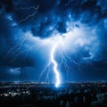 Dramatic sky with lightnings in stormy night over city downtown. Generative ai Royalty Free Stock Photo