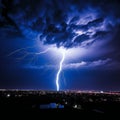 Dramatic sky with lightnings in stormy night over city downtown. Generative ai Royalty Free Stock Photo