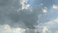 A dramatic sky with a mix of dark gray and light blue clouds. There are streaks of sunlight piercing through the clouds, Royalty Free Stock Photo