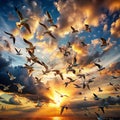 Many birds flying on dramatic sky background Royalty Free Stock Photo