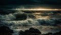 Dramatic sky over dark coastline, waves crash in awe inspiring beauty generated by AI