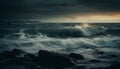 Dramatic sky over dark seascape, breaking waves crash on rocks generated by AI