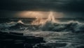 Dramatic sky over dark seascape, crashing waves on rocky coastline generated by AI Royalty Free Stock Photo