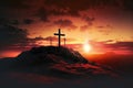 A dramatic sky over a hill with a Christian cross, symbol of the crucifixion of Christ. Ai generated Royalty Free Stock Photo